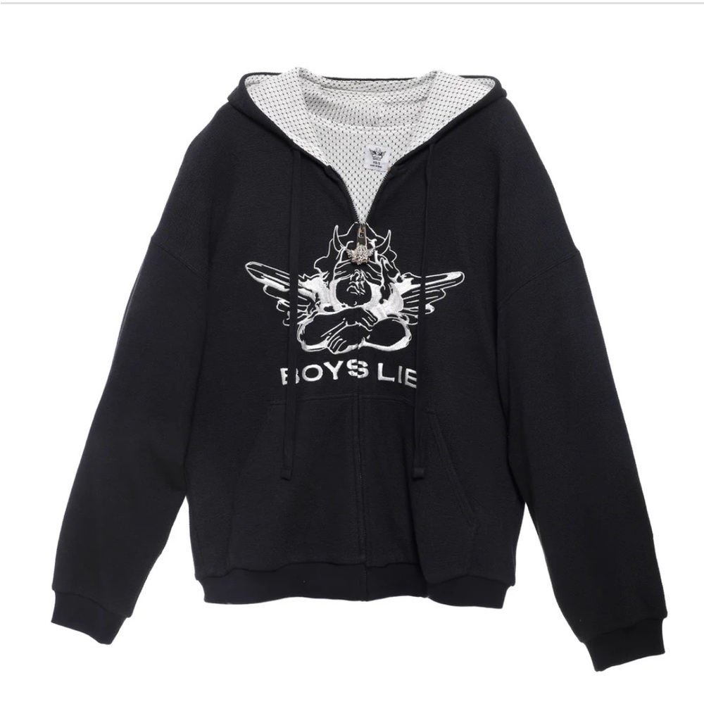 Boys Lie Navy Zip-Up Hoodie with Angel Graphic